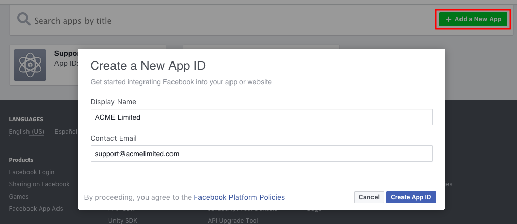Create new Facebook App