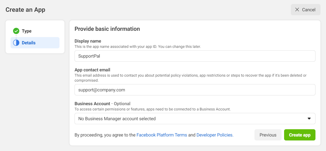 Facebook Create App - Step 2