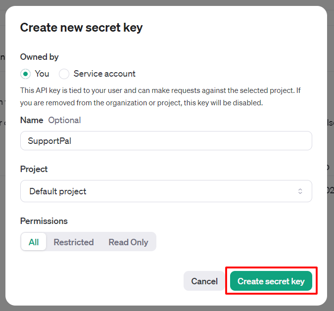 OpenAI Create Key Dialog