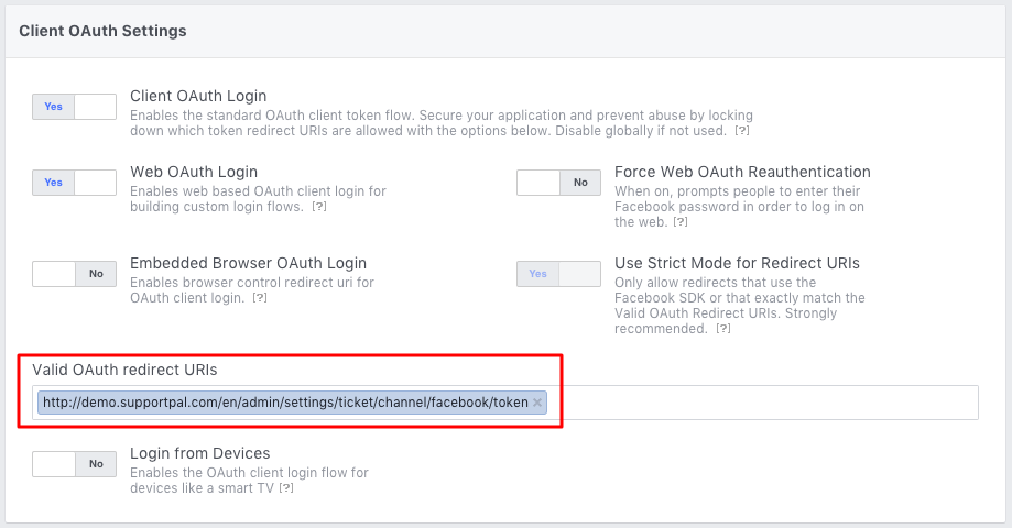 Facebook OAuth Redirect URI Setting