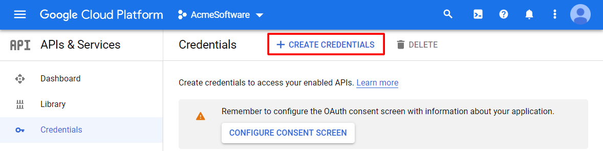 Click Create Credentials