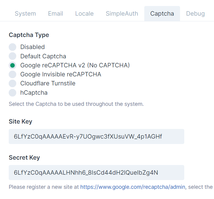 Captcha settings