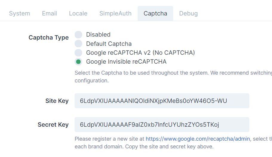 Captcha settings
